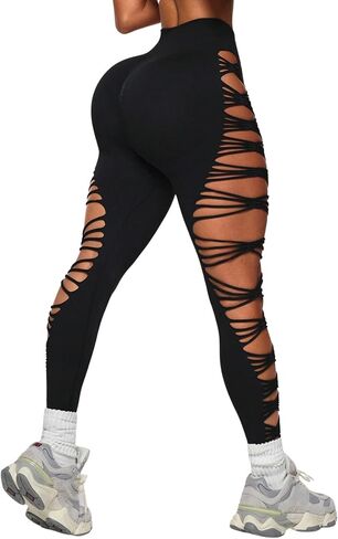 OYOANGLE Women's Sexy Ripped Leggings High Waist Seamless Workout Leggings Gym Elastic Tights Tummy Control Yoga Pants in Saudi Arabia
