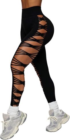 OYOANGLE Women's Sexy Ripped Leggings High Waist Seamless Workout Leggings Gym Elastic Tights Tummy Control Yoga Pants in Saudi Arabia