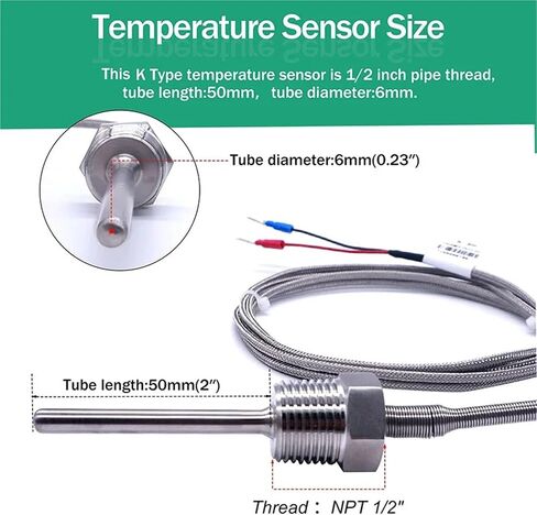 800°C Degree High Temperature Sensor Thread NPT 1/2 Stainless Steel Probe K Type PT100 Thermocouple Tube Temperature Controller(K Wire length1m,200mm) in Saudi Arabia