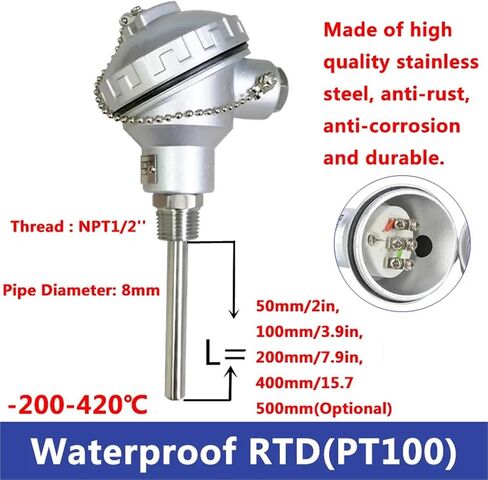 Stainless Steel -200~420mm PT100 Temperature Sensor Probe 1/2 Thread Thermocouple Terminal Head for Temperature Sensor(300mm) in Saudi Arabia