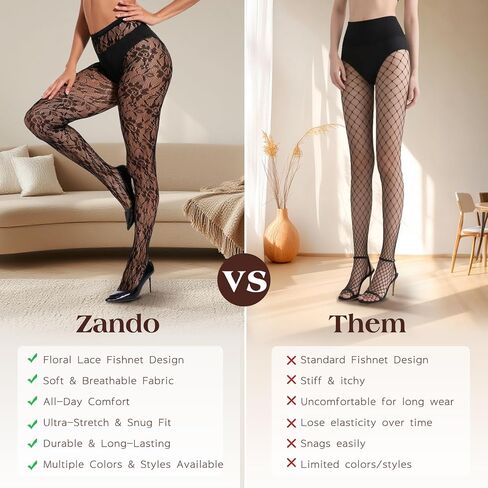 Zando Sexy Floral Lace Patterned Tights Fishnet Stockings for Women - High Waist Pantyhose for Halloween Cosplay Party in Saudi Arabia