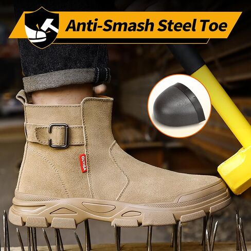Welding Steel Toe Work Boots for Men Slip on Safety Boots High Top Brown Steel Toe Shoes for Men Rubber Sole Mens Work Shoes Zipper Botas de Trabajo para Hombre, Men's Size 9.5 in Saudi Arabia