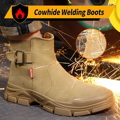 Welding Steel Toe Work Boots for Men Slip on Safety Boots High Top Brown Steel Toe Shoes for Men Rubber Sole Mens Work Shoes Zipper Botas de Trabajo para Hombre, Men's Size 9.5 in Saudi Arabia