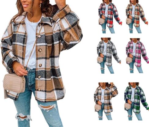 Women Plaid Shacket Jackets Button Down Shirts Long Sleeve Coats Color Block Shirt Lapel Coat Tops Loose Fit Blouse in Saudi Arabia