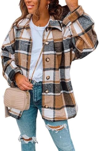 Women Plaid Shacket Jackets Button Down Shirts Long Sleeve Coats Color Block Shirt Lapel Coat Tops Loose Fit Blouse in Saudi Arabia