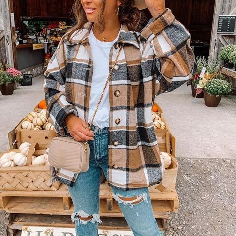 Women Plaid Shacket Jackets Button Down Shirts Long Sleeve Coats Color Block Shirt Lapel Coat Tops Loose Fit Blouse in Saudi Arabia