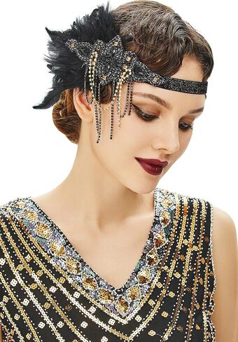 BABEYOND 1920s Flapper Headpiece 20s Gatsby Black Feather Headband Roaring 20s إكسسوارات الشعر مع خرز كريستالي (ذهب أسود) in Saudi Arabia