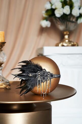 BABEYOND 1920s Flapper Headpiece 20s Gatsby Black Feather Headband Roaring 20s إكسسوارات الشعر مع خرز كريستالي (ذهب أسود) in Saudi Arabia