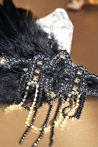 BABEYOND 1920s Flapper Headpiece 20s Gatsby Black Feather Headband Roaring 20s إكسسوارات الشعر مع خرز كريستالي (ذهب أسود) in Saudi Arabia