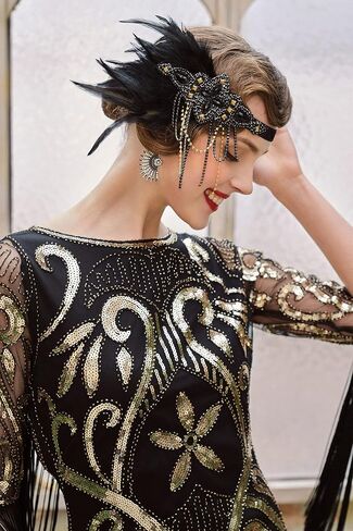 BABEYOND 1920s Flapper Headpiece 20s Gatsby Black Feather Headband Roaring 20s إكسسوارات الشعر مع خرز كريستالي (ذهب أسود) in Saudi Arabia