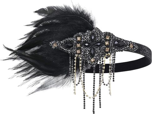 BABEYOND 1920s Flapper Headpiece 20s Gatsby Black Feather Headband Roaring 20s إكسسوارات الشعر مع خرز كريستالي (ذهب أسود) in Saudi Arabia