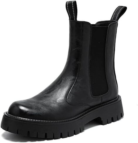Men's Leather Platform Chelsea Boots Lug Sole Chunky Heel Brogue Dress Ankle Boots Round Toe Retro Slip-On Oxfords Boot in Saudi Arabia