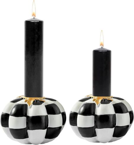 WDS WONDROUS Pumpkin Candle Holders Set of 2 Fall & Halloween, Resin Black & White Pumpkins Candlestick Holders for Table Centerpiece, Checkered Pumpkin Decor, Taper Candle Holders for Table Decor in Saudi Arabia