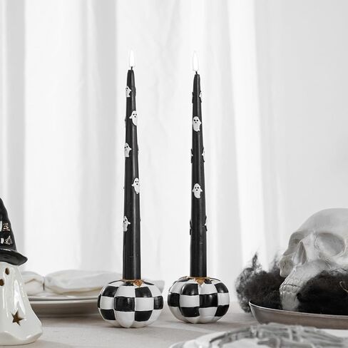 WDS WONDROUS Pumpkin Candle Holders Set of 2 Fall & Halloween, Resin Black & White Pumpkins Candlestick Holders for Table Centerpiece, Checkered Pumpkin Decor, Taper Candle Holders for Table Decor in Saudi Arabia