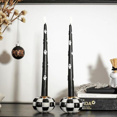 WDS WONDROUS Pumpkin Candle Holders Set of 2 Fall & Halloween, Resin Black & White Pumpkins Candlestick Holders for Table Centerpiece, Checkered Pumpkin Decor, Taper Candle Holders for Table Decor in Saudi Arabia