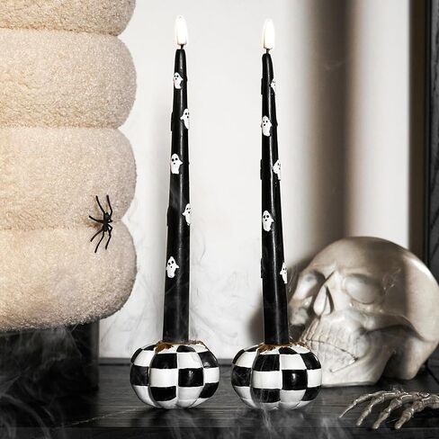 WDS WONDROUS Pumpkin Candle Holders Set of 2 Fall & Halloween, Resin Black & White Pumpkins Candlestick Holders for Table Centerpiece, Checkered Pumpkin Decor, Taper Candle Holders for Table Decor in Saudi Arabia