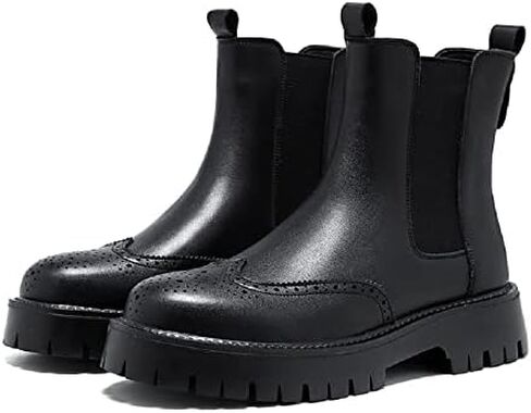 Men's Leather Platform Chelsea Boots Lug Sole Chunky Heel Brogue Dress Ankle Boots Round Toe Retro Slip-On Oxfords Boot in Saudi Arabia