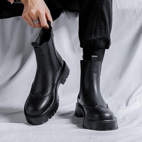Men's Leather Platform Chelsea Boots Lug Sole Chunky Heel Brogue Dress Ankle Boots Round Toe Retro Slip-On Oxfords Boot in Saudi Arabia