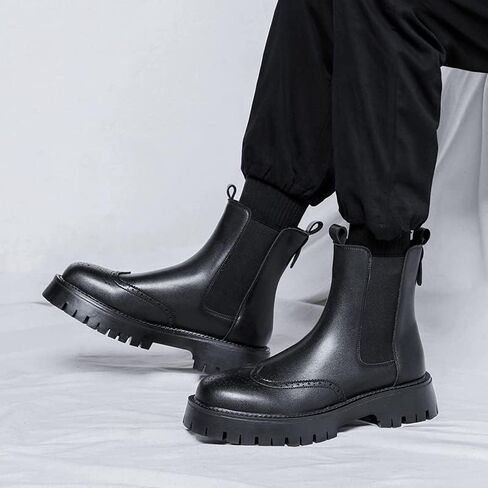 Men's Leather Platform Chelsea Boots Lug Sole Chunky Heel Brogue Dress Ankle Boots Round Toe Retro Slip-On Oxfords Boot in Saudi Arabia
