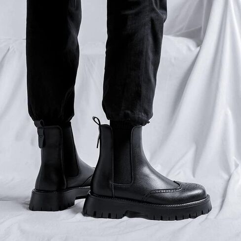 Men's Leather Platform Chelsea Boots Lug Sole Chunky Heel Brogue Dress Ankle Boots Round Toe Retro Slip-On Oxfords Boot in Saudi Arabia