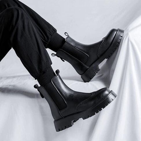 Men's Leather Platform Chelsea Boots Lug Sole Chunky Heel Brogue Dress Ankle Boots Round Toe Retro Slip-On Oxfords Boot in Saudi Arabia