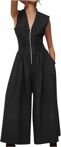 Formal Jumpsuits for Women Dressy Wide Leg Pants Rompers Clubwear Half Zip Smocked Waist Casual Sleeveless Overalls in Saudi Arabia