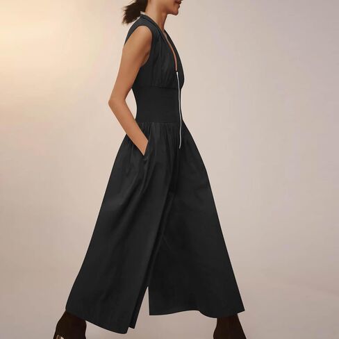 Formal Jumpsuits for Women Dressy Wide Leg Pants Rompers Clubwear Half Zip Smocked Waist Casual Sleeveless Overalls in Saudi Arabia
