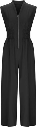 Formal Jumpsuits for Women Dressy Wide Leg Pants Rompers Clubwear Half Zip Smocked Waist Casual Sleeveless Overalls in Saudi Arabia