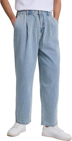 Baggy Jeans for Men Pleated Wide Leg Elastic Waist Denim Pants Y2K Streetwear in Saudi Arabia