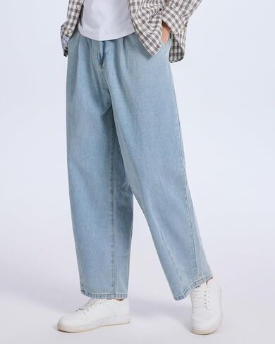 Baggy Jeans for Men Pleated Wide Leg Elastic Waist Denim Pants Y2K Streetwear in Saudi Arabia