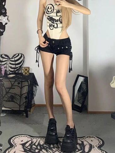 Y2k Summer Women Low Rise Denim Shorts with Belt Harajuku Jean Hot Pants Gothic Vintage Casual Streetwear in Saudi Arabia