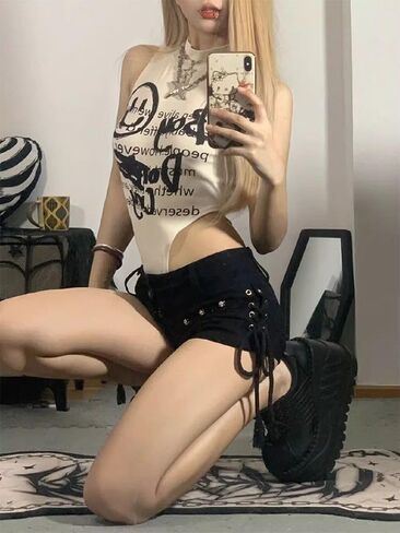 Y2k Summer Women Low Rise Denim Shorts with Belt Harajuku Jean Hot Pants Gothic Vintage Casual Streetwear in Saudi Arabia