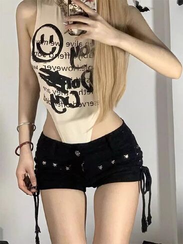 Y2k Summer Women Low Rise Denim Shorts with Belt Harajuku Jean Hot Pants Gothic Vintage Casual Streetwear in Saudi Arabia