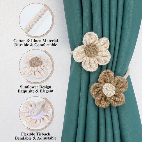 2 Pack Sunflower Rope Curtain Tiebacks Boho Curtain Holdbacks Simple Farmhouse Curtains Ties Elegant Curtains Rope Tieback Drapery Holder Rural Decorative for Home Office Drapes Wall Decor Accessories in Saudi Arabia