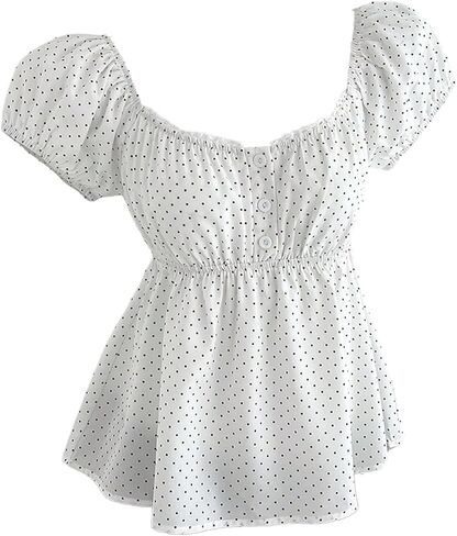 بلوزات بيبي دول نسائية من Verdusa ذات نقاط منقطة وأكمام منتفخة وقمصان فضفاضة in Kuwait