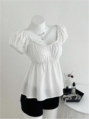 بلوزات بيبي دول نسائية من Verdusa ذات نقاط منقطة وأكمام منتفخة وقمصان فضفاضة in Kuwait