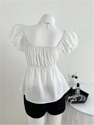 بلوزات بيبي دول نسائية من Verdusa ذات نقاط منقطة وأكمام منتفخة وقمصان فضفاضة in Kuwait