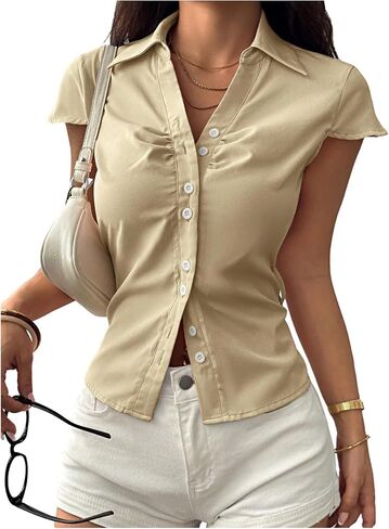 SweatyRocks Women's Ruched Button Down Shirt Short Sleeve Tie Back Fitted Blouses in Saudi Arabia