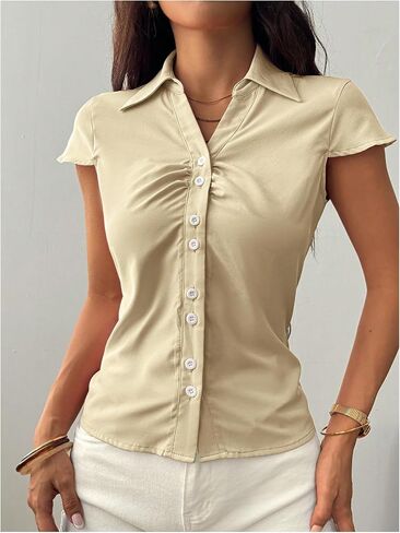 SweatyRocks Women's Ruched Button Down Shirt Short Sleeve Tie Back Fitted Blouses in Saudi Arabia