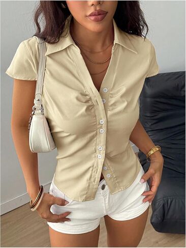 SweatyRocks Women's Ruched Button Down Shirt Short Sleeve Tie Back Fitted Blouses in Saudi Arabia