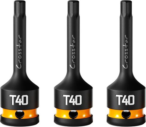 Crosstar 3pc T40 Impact Torx Bit Socket Set, 1/2" Drive Cr-Mo Steel, Long High Impact Star Sockets for Automotive & Heavy-Duty Use, Professional Mechanic Tools with Transparent Case in Kuwait