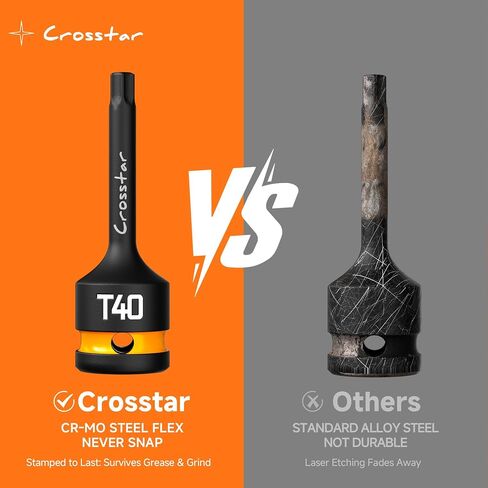 Crosstar 3pc T40 Impact Torx Bit Socket Set, 1/2" Drive Cr-Mo Steel, Long High Impact Star Sockets for Automotive & Heavy-Duty Use, Professional Mechanic Tools with Transparent Case in Kuwait