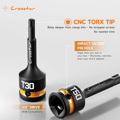 Crosstar 3pc T40 Impact Torx Bit Socket Set, 1/2" Drive Cr-Mo Steel, Long High Impact Star Sockets for Automotive & Heavy-Duty Use, Professional Mechanic Tools with Transparent Case in Kuwait