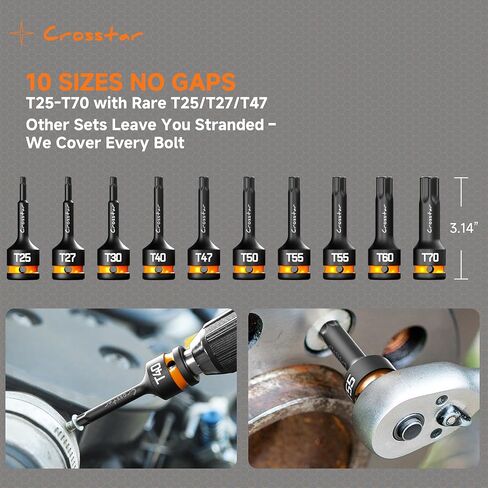 Crosstar 3pc T40 Impact Torx Bit Socket Set, 1/2" Drive Cr-Mo Steel, Long High Impact Star Sockets for Automotive & Heavy-Duty Use, Professional Mechanic Tools with Transparent Case in Kuwait