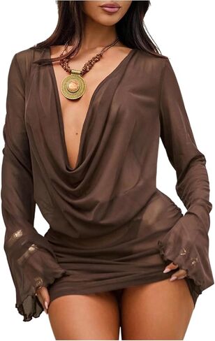 MakeMeChic Women's Mesh Sheer Fall Wedding Guest Dress Long Sleeve Cowl Neck Mini Dress in Saudi Arabia
