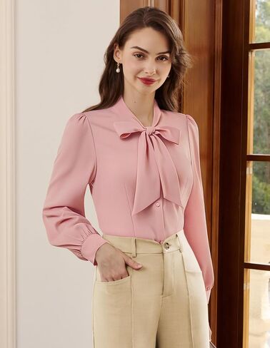 Belle Poque Women's Bow Tie Neck Blouse - Button Down Long Sleeve Collared Shirt for Work Office Casual in Saudi Arabia