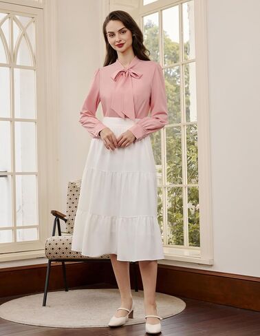 Belle Poque Women's Bow Tie Neck Blouse - Button Down Long Sleeve Collared Shirt for Work Office Casual in Saudi Arabia