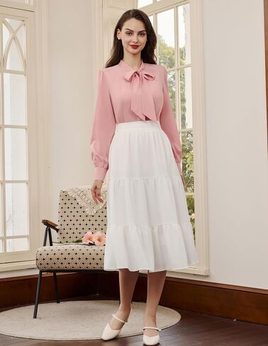 Belle Poque Women's Bow Tie Neck Blouse - Button Down Long Sleeve Collared Shirt for Work Office Casual in Saudi Arabia