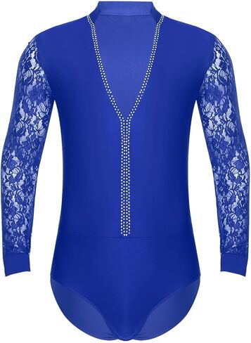 Mens Sparkling Rhinestones Latin Ballroom Dance Performance Costume Long Sleeves Bodysuit Shirt Tango Latin Leotard Costume(Blue,M) in Saudi Arabia