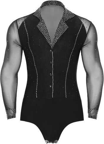 Mens Latin Ballroom Dance Leotard Costume Lapel Collar Sheer Mesh Patchwork Long Sleeve Sparkly Rhinestone Bodysuit(Black,L) in Saudi Arabia